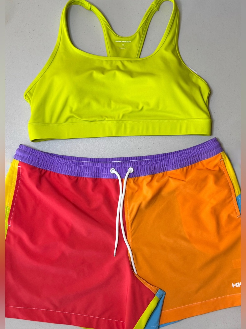 Humankind Pride Swim Set XL | Rainbow Board Shorts + Neon Lime Bikini Top